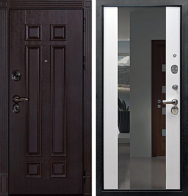 Дверь ЛД-265 с тремя петлями и МДФ венге + белый дуб с зеркалом