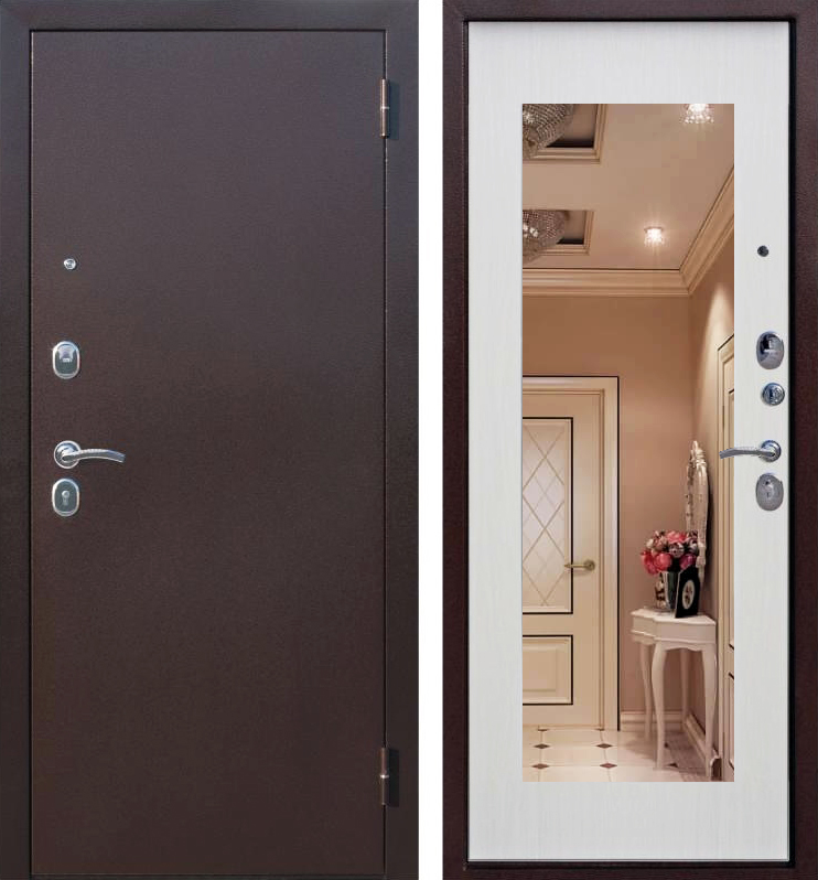 Металлическая дверь медный антик/белый с зеркалом ЛД-854 (толщина стали от 2 мм)