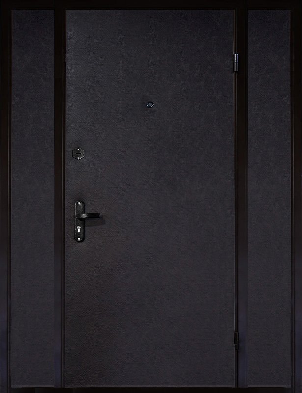 Входная дверь с боковыми фрамугами ЛД-762 отделка из черной кожи